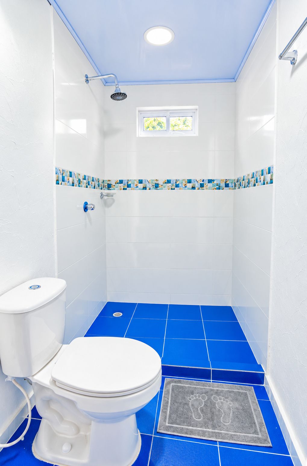 A small bathroom with a white toilet, blue-tiled floor, and a shower area.