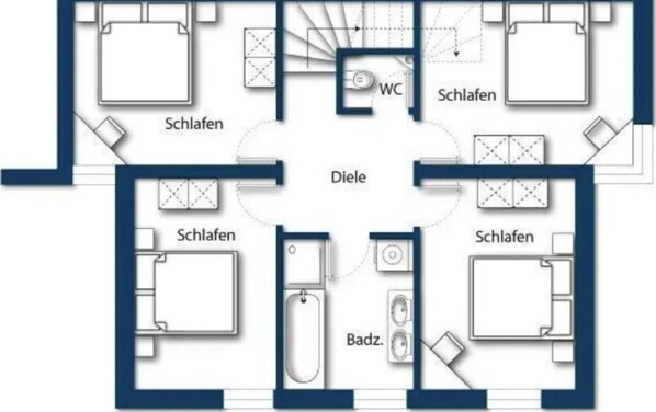 Un plan d’étage comprenant plusieurs chambres, une salle de bain, un coin repas et des toilettes.