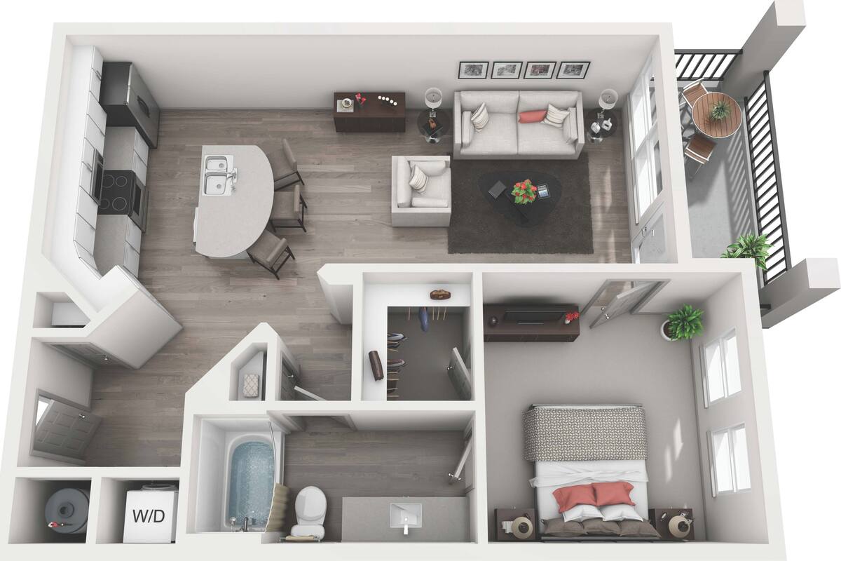 Un appartement moderne comprenant une cuisine, un coin repas, un salon et une chambre.