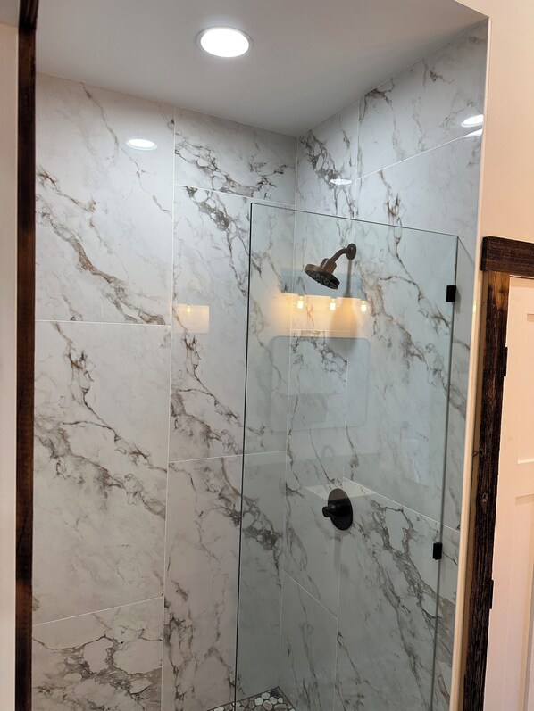 A glass-enclosed shower with a marble wall, a handheld showerhead, and recessed ceiling lights. - Barn House Next to Hermitage Inn (Dover)