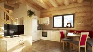 A modern log cabin with a kitchen, dining area, and a TV. - Chalet in Ladis by Ski Slope & Sonnenbahn (Ladis)