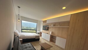 A modern bedroom with a large bed, a sofa, a TV, and a view of the outdoors.