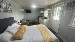 A bedroom with a bed, a bedside table, a TV, a sofa, and a kitchenette. - Tiny home Rental (Houston)