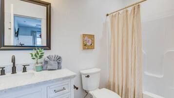 Hair dryer, towels, soap, shampoo