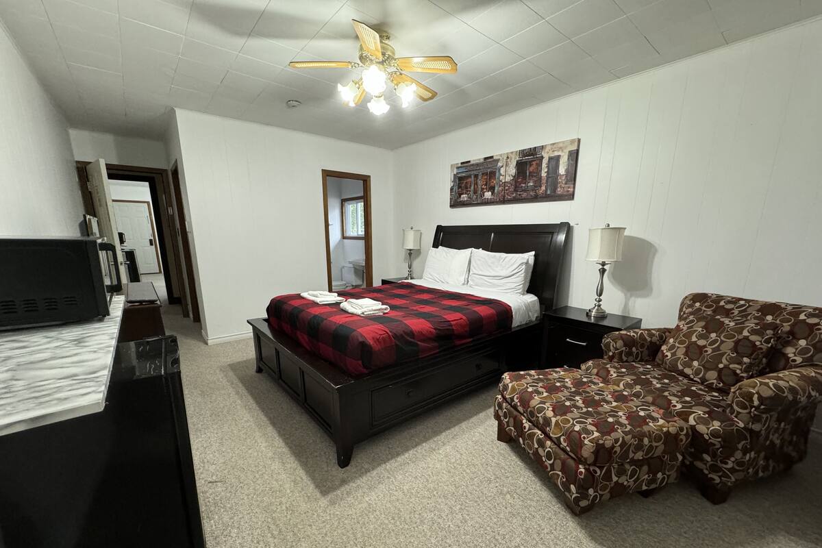 A hotel room with a bed, a chair, a desk, a TV, a ceiling fan, and a painting on the wall.