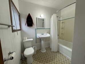 Un baño con inodoro, lavamanos y ducha.