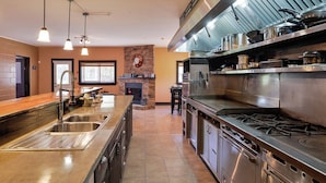 A kitchen with a large island, stainless steel appliances, and pendant lighting. - Lake Sparrow Guest House Inc (Severn Bridge)