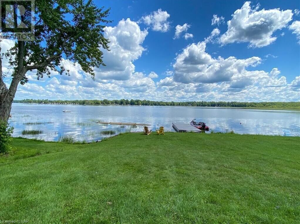 A grassy area with a dock and a boat, a tree, and a calm lake under a partly cloudy sky.