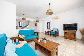 TV, fireplace, books