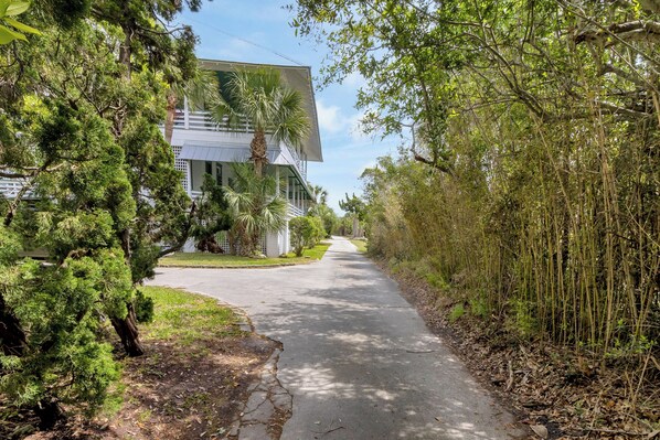 A residential street with a modern house, a sidewalk, and dense greenery.