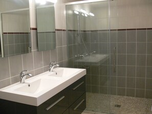 Shower, hair dryer, soap, shampoo