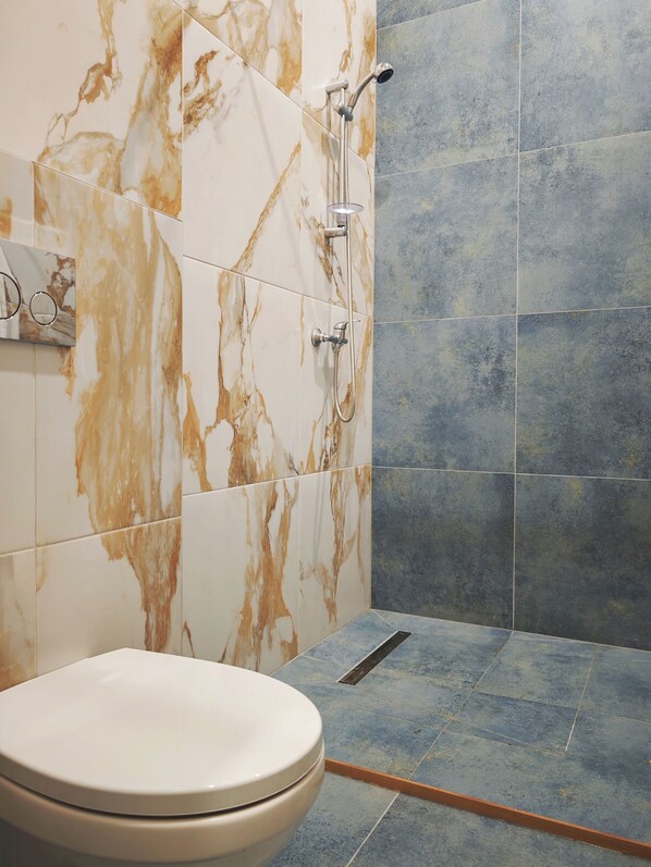 Hair dryer, towels, shampoo, toilet paper