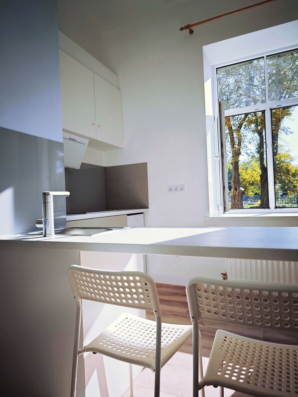 Fridge, oven, electric kettle, cookware/dishes/utensils