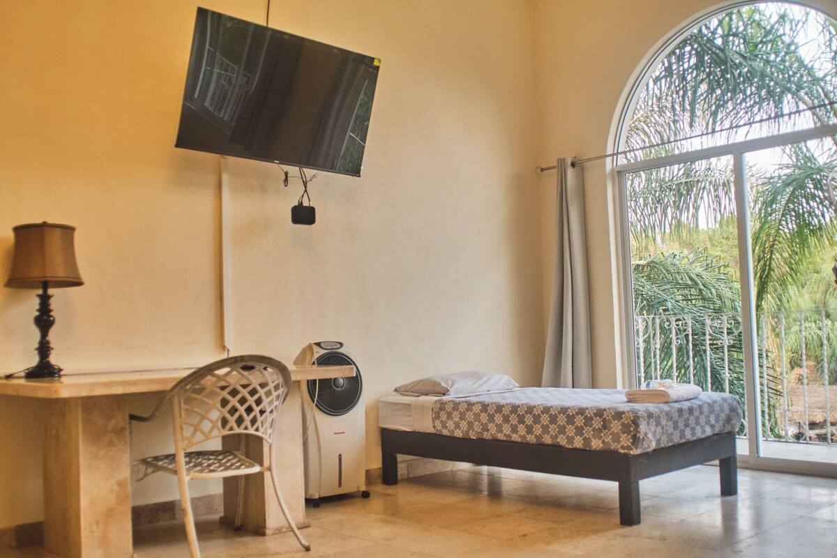 A room with a bed, a desk, a chair, a TV, and a large window with a view of palm trees.