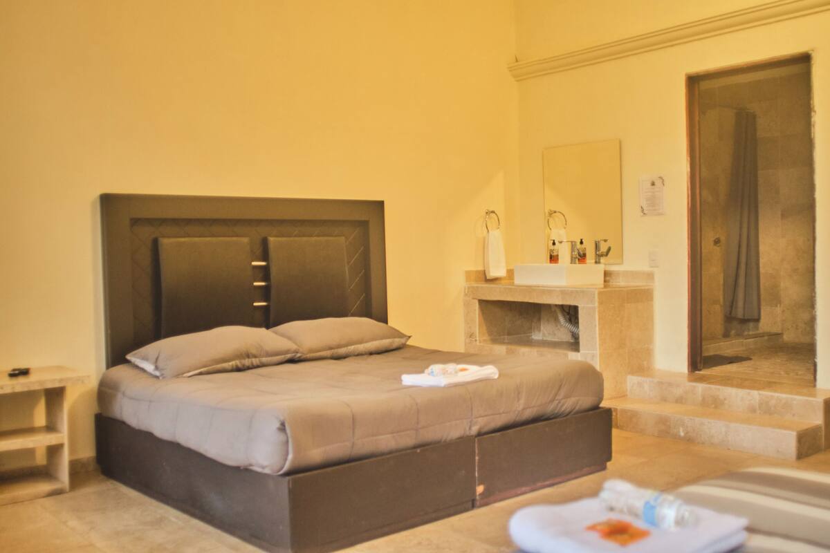 A hotel room with a bed, a bathroom with a sink and mirror, and a shower area.