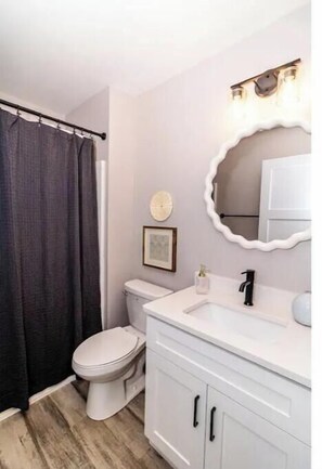 A bathroom with a toilet, a sink, a mirror, and a shower curtain.