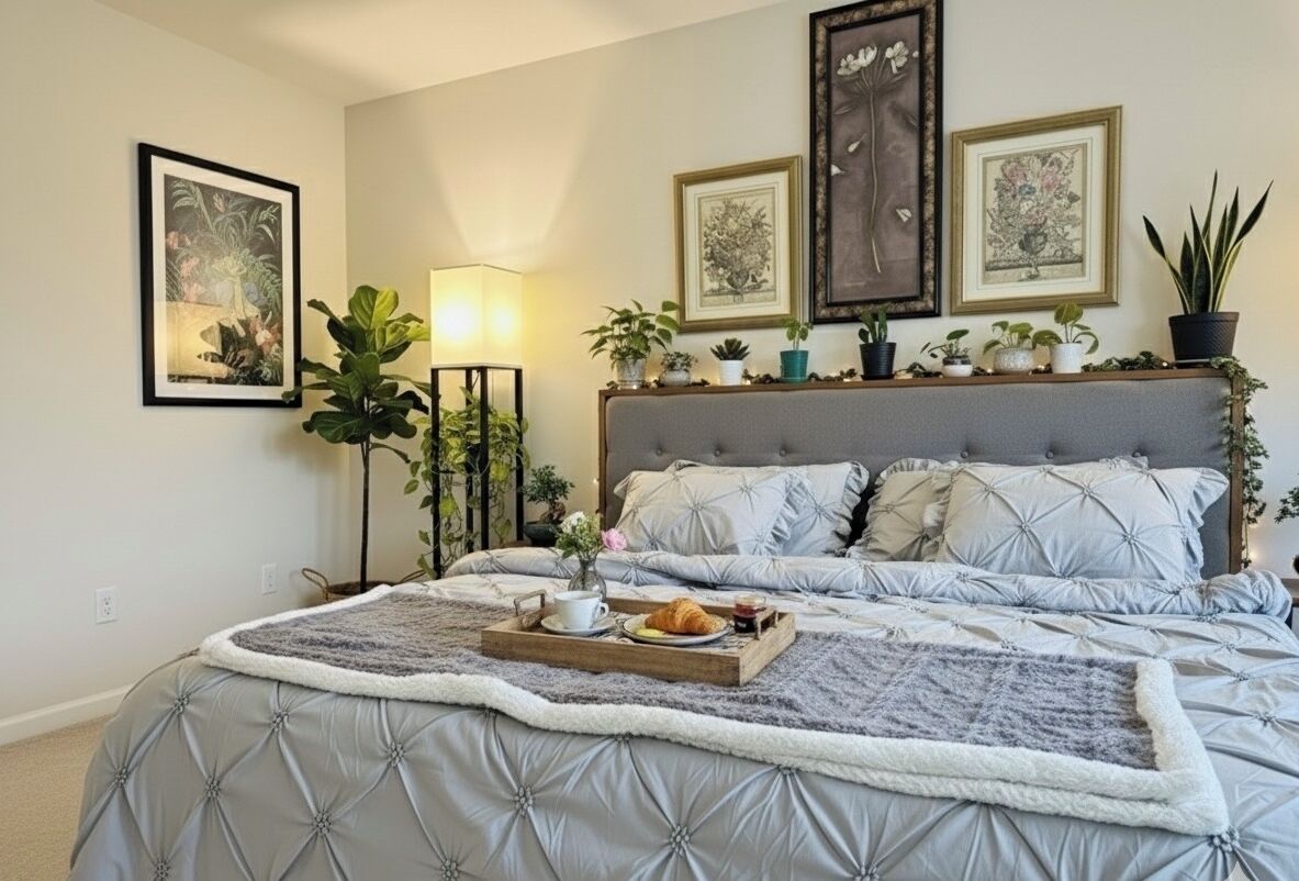 3 habitaciones, escritorio y tabla de planchar con plancha 