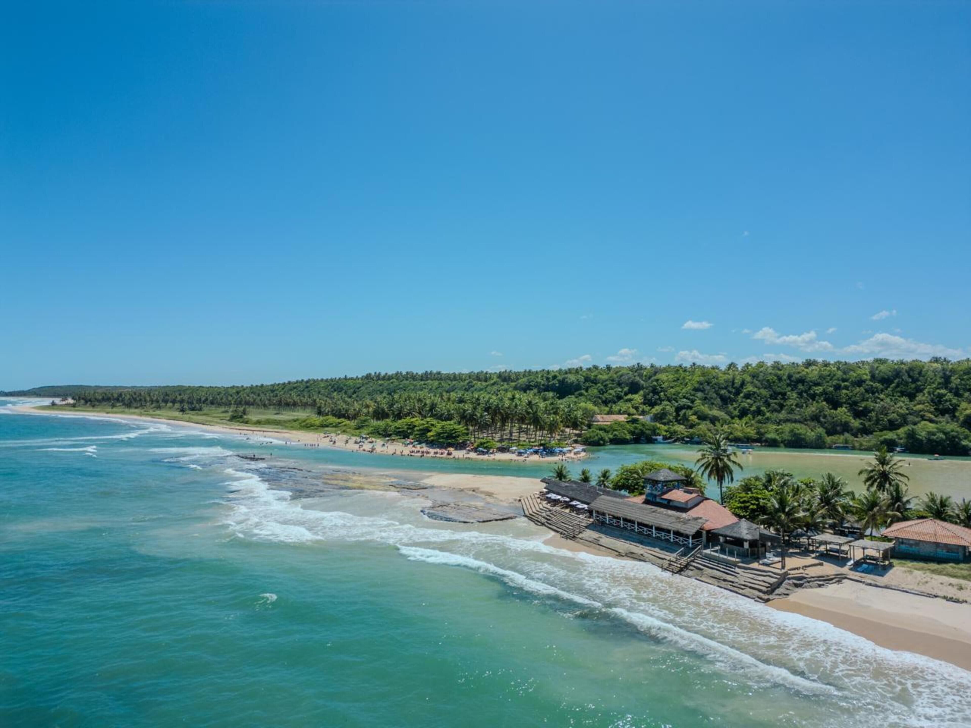 Une plage côtière avec une structure en bois et des palmiers.
