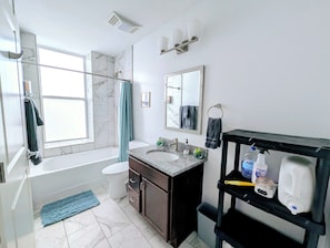 Hair dryer, towels, soap, toilet paper