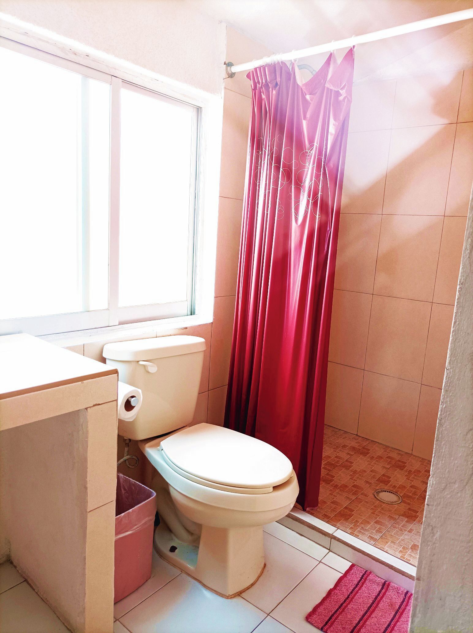 Une salle de bain avec des toilettes, un rideau de douche et une fenêtre.