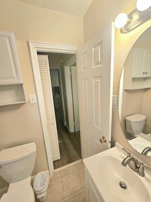 Hair dryer, towels, soap, shampoo