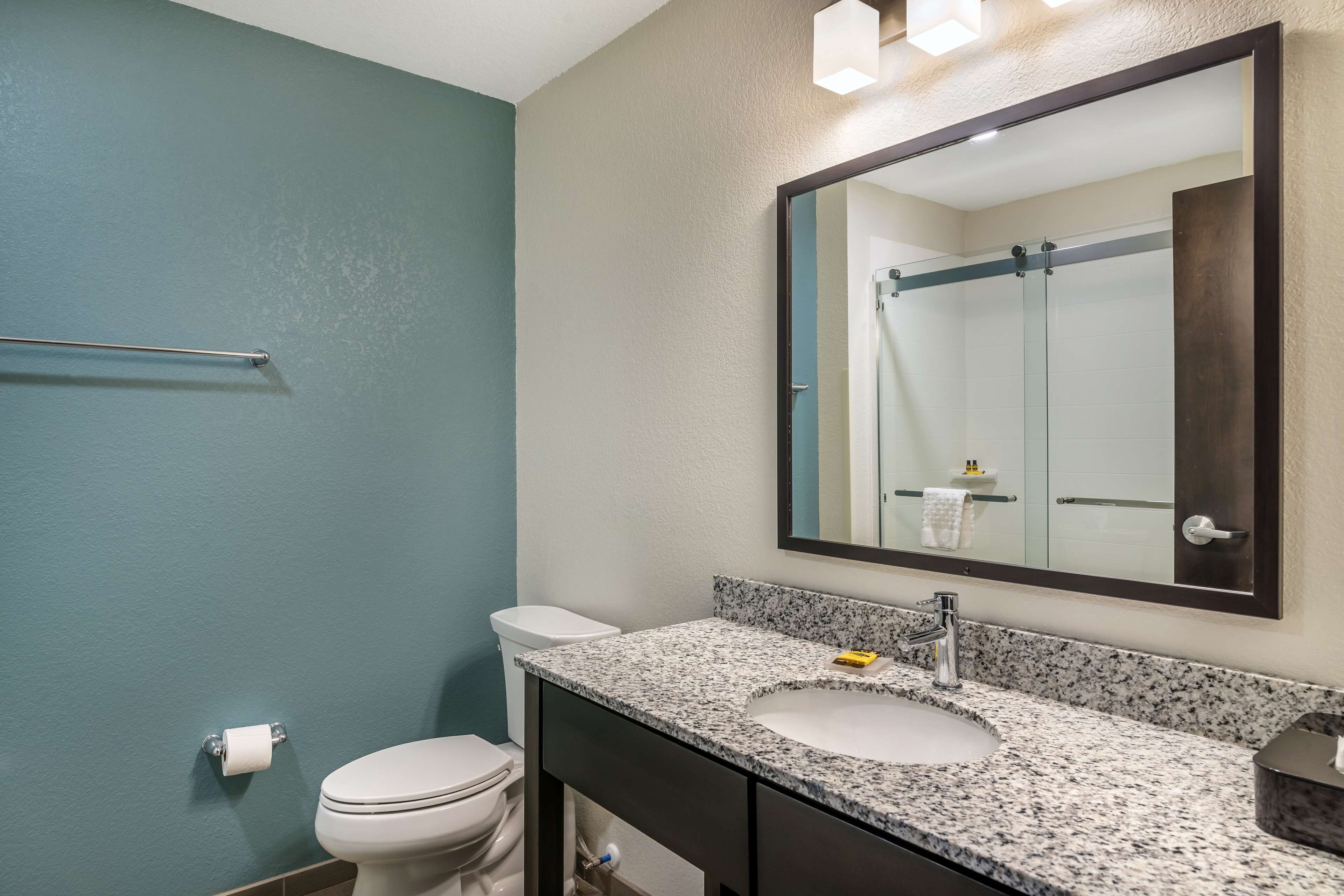 A bathroom with a toilet, sink, and mirror.