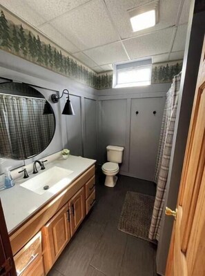 Hair dryer, towels, soap, toilet paper