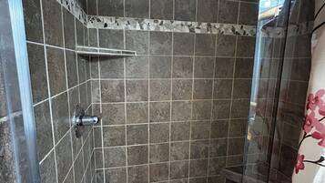 Hair dryer, towels, soap, shampoo