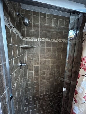 Hair dryer, towels, soap, shampoo