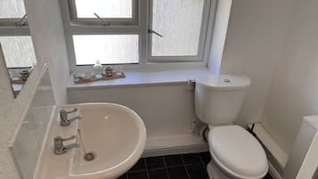 Shower, towels, soap, toilet paper