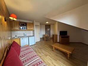 Un espace de vie compact comprenant un coin cuisine, un coin repas et un espace détente avec un canapé et une table.