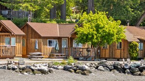 A row of wooden cabins with a gravel beach and a tree in front.