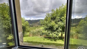 Uitzicht vanuit een raam: een stenen muur, een grote boom en een groen landschap met heuvels in de verte.