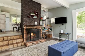 Smart TV, fireplace, books