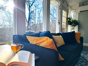 Smart TV, fireplace, books