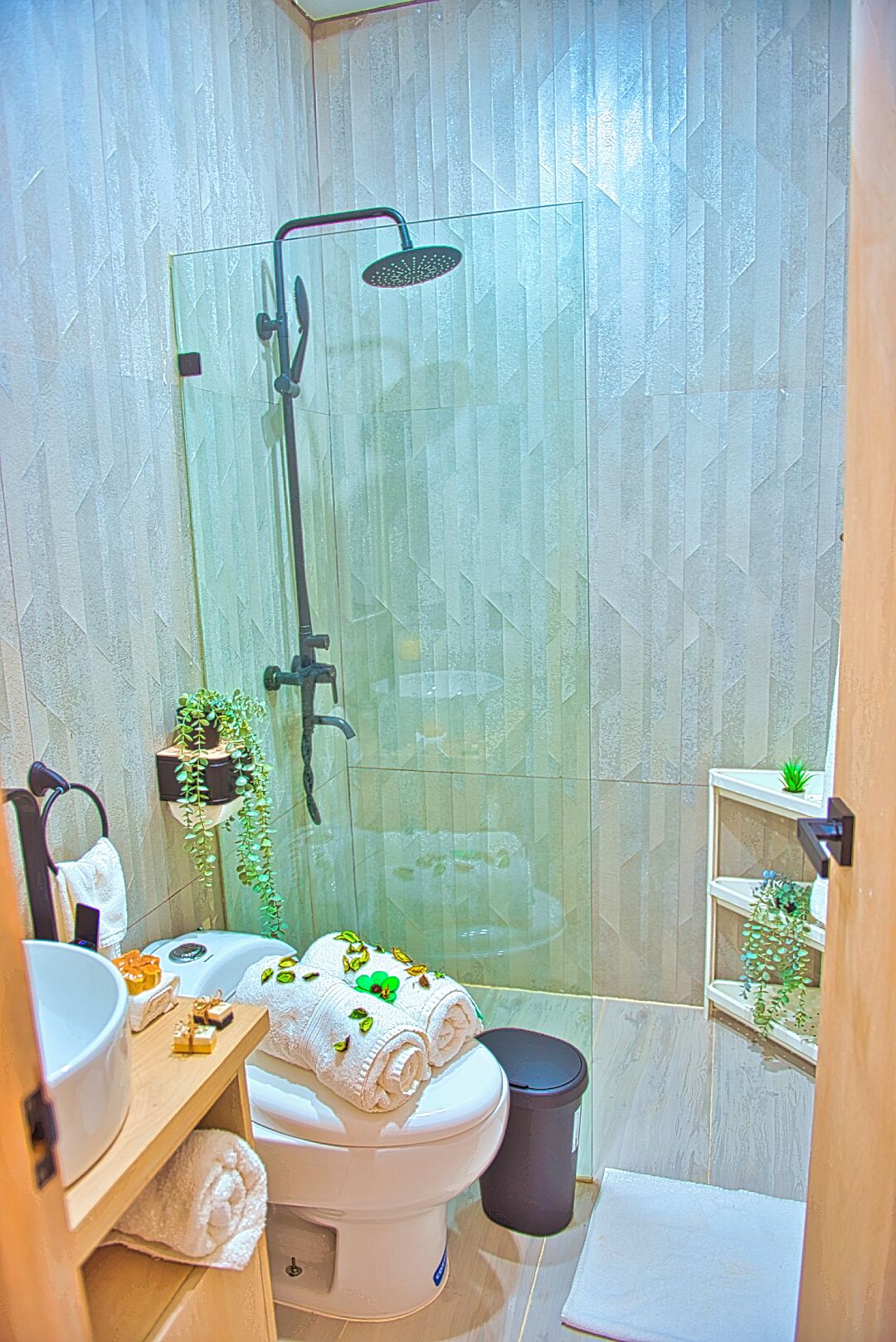 Un baño moderno con ducha de vidrio, inodoro, lavamanos y un pequeño estante con plantas.