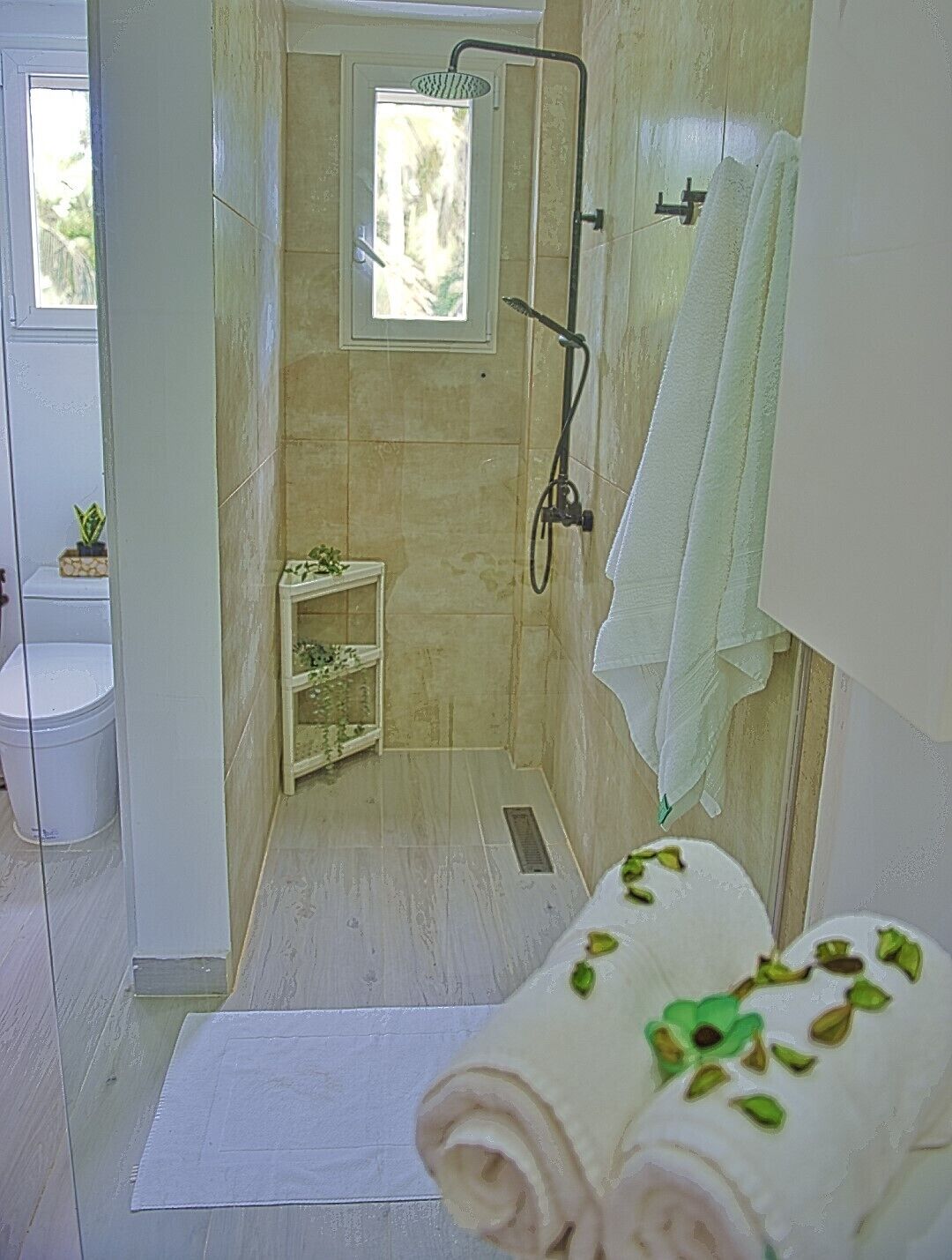 Une salle de bain avec une douche, une petite étagère avec des plantes, une baignoire blanche et un lavabo blanc.