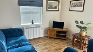 A living room with a blue sofa, a wooden TV stand, a radiator, and a window with blinds.