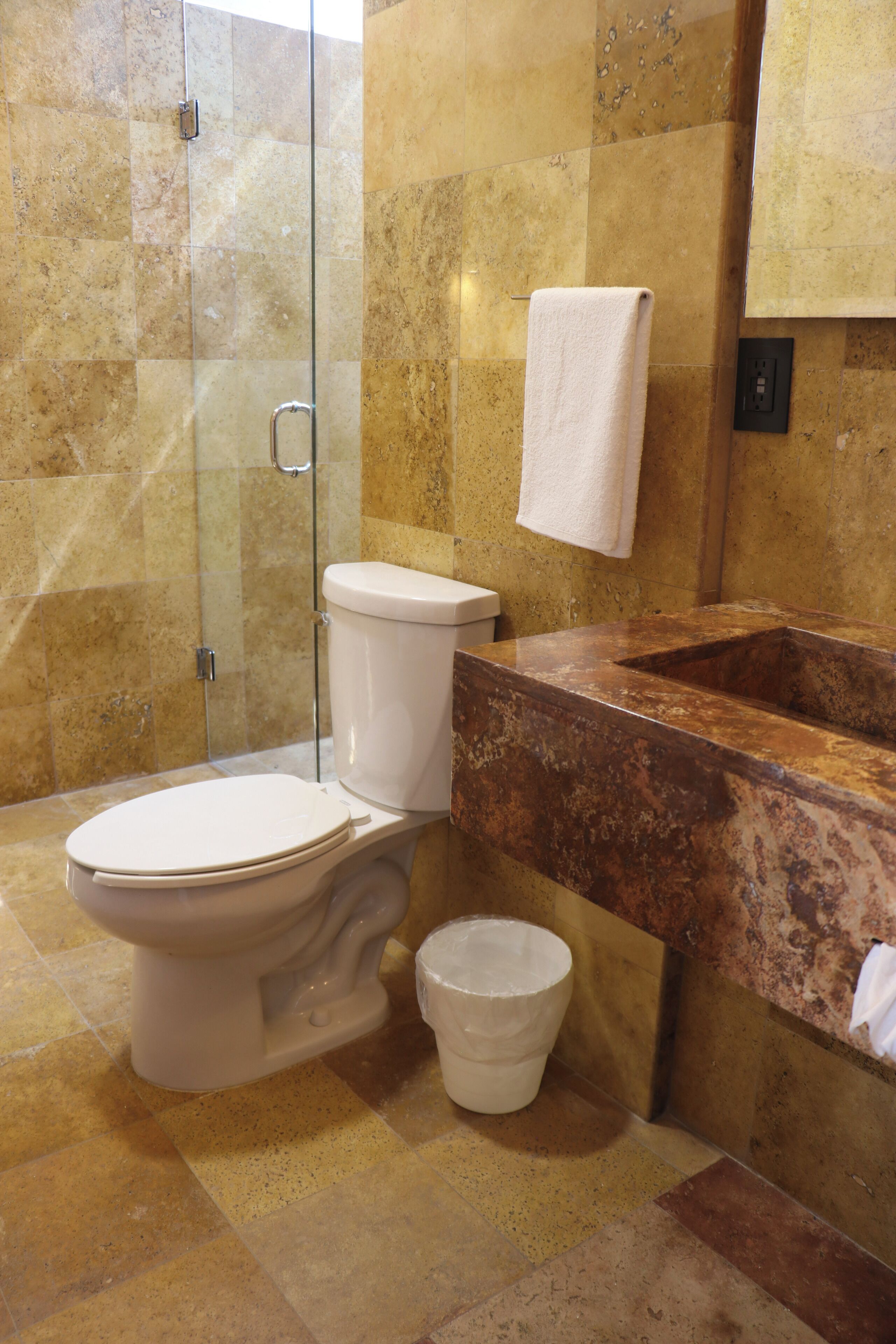 A bathroom with a toilet, a sink, and a glass shower enclosure.