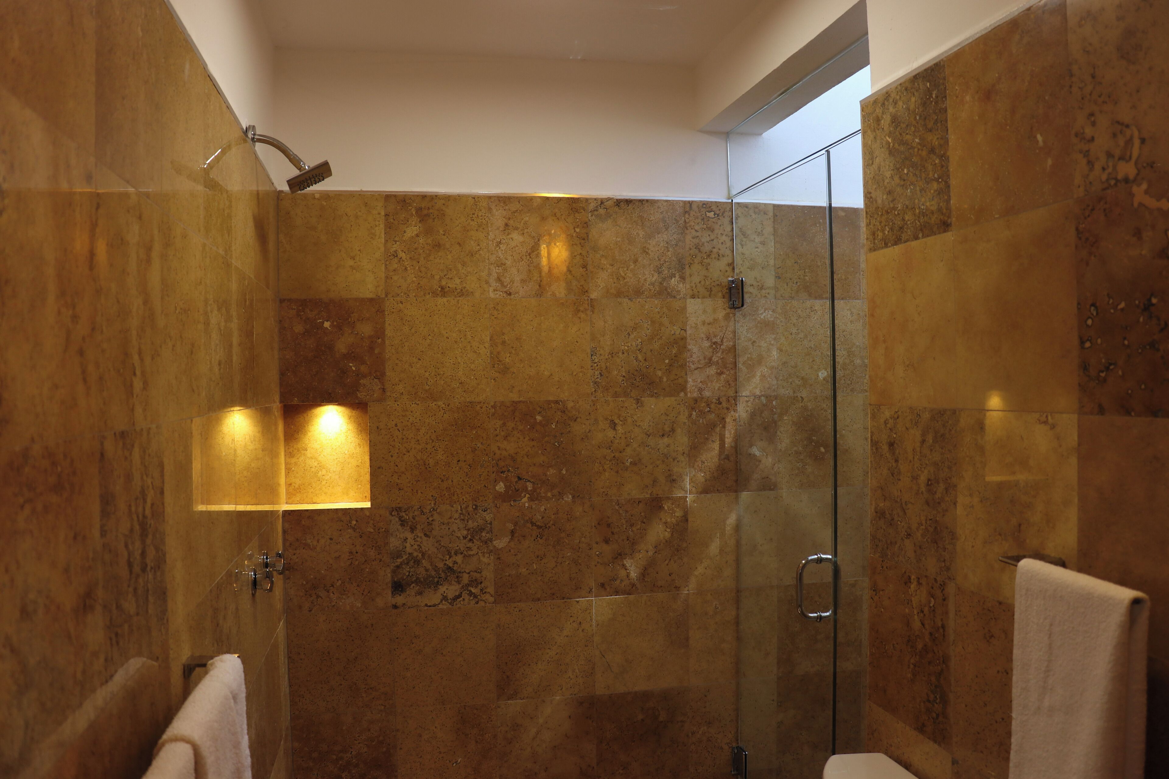 Shower, hair dryer, soap, shampoo