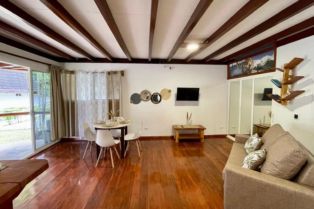 Una habitación amplia con piso de madera, un área de comedor con una mesa y sillas, un sofá y un televisor montado en la pared.