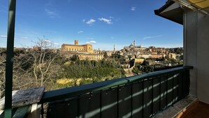Un balcon offrant une vue sur une ville historique, avec notamment une église remarquable et divers bâtiments.