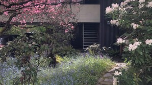 Un edificio moderno con un camino de jardín que conduce a una escalera.