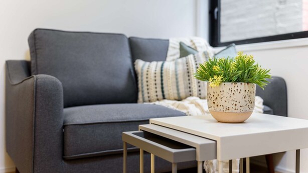 A modern living room with a grey sofa, a small white table with a plant, and a window with blinds.