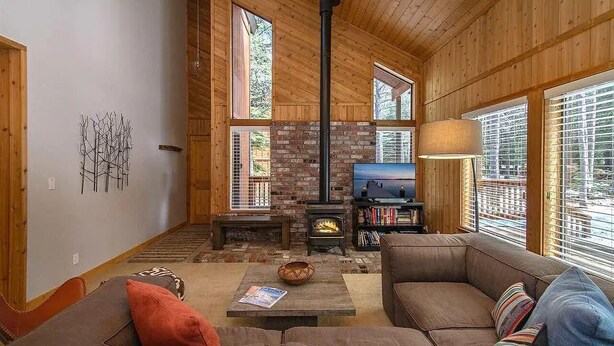 Smart TV, chimenea, reproductor de DVD, libros
