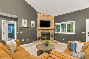 Smart TV, fireplace, foosball