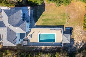 WH582: Beachnuts Too | Aerial View - Backyard - Beachnuts Too: Pet Friendly, Oceanside, Private Pool and Hot Tub (Corolla)