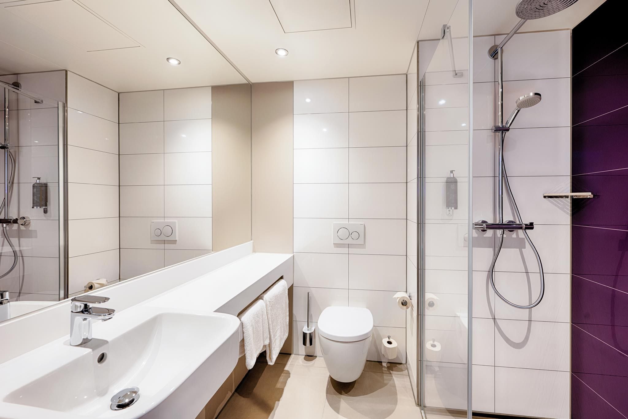 A modern bathroom with a large white sink, a toilet, and a glass-enclosed shower area.