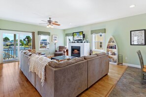 Smart TV, fireplace, books