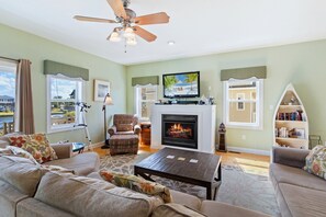 智能電視、壁爐、書籍